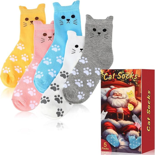 5 Pcs Women's Cat Socks Christmas Stocking Stuffers for Women Funny Christmas Gift Box White Elephant Gift Exchange Ideas for Teenage Girls Girlfriend Animal Lovers