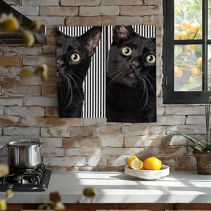 Cute Black Cat Hand Towel for Bathroom Set of 2,Cat on Black White Stripes Bathroom Hand Towel,Soft Absorbent Decorative for Hotel Gym Yoga Home Decor