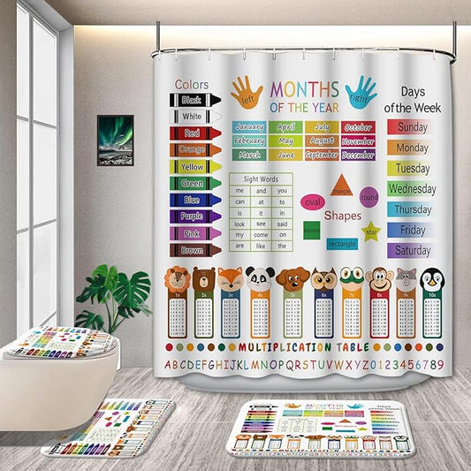 4 Pcs Educational Kids Shower Curtain Set with Non-Slip Rugs, Months, Days, Shapes, and Multiplication Table for Learning – Fun Cartoon Animals Design, Bathroom Decor for Children 72Lx72in