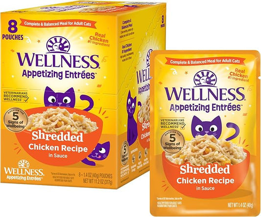 Wellness® Appetizing Entrées™ Shredded Chicken Recipe in Sauce Natural Wet Cat Food, 1.4 oz Pouch (Pack of 8)