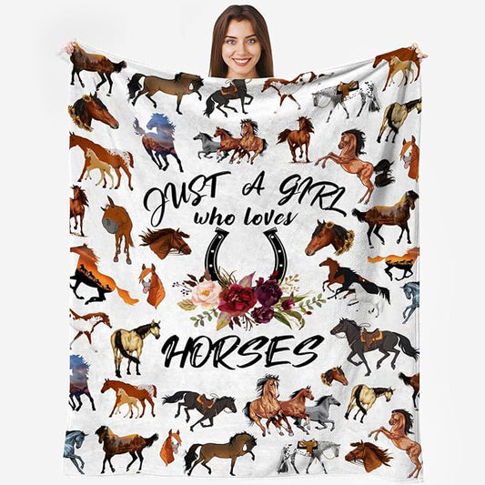 Horse Blanket,Horse Gifts for Girls Women, Just A Girl Who Loves Horses Blanket, Horse Lovers Birthday Gifts Decor Throw Blanket 80" x 60"