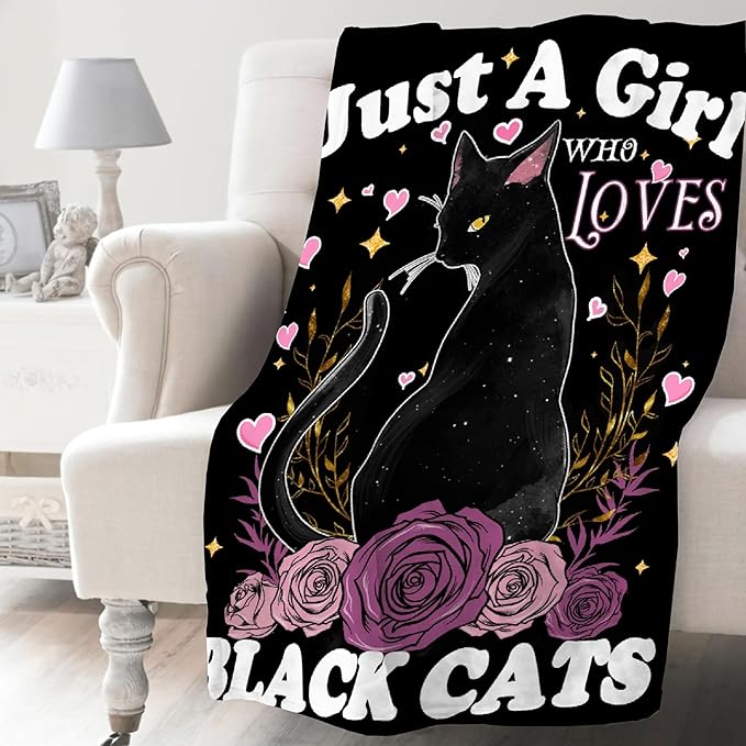 Just A Girl Who Loves Black Cats Blanket Gifts for Girls Boys, Cute Black Cat Throw Blanket for Cat Lovers Soft Lightweight Flannel Fleece Kitten Decor Plush Bedding for Adults Bed Sofa Chair 80x60In