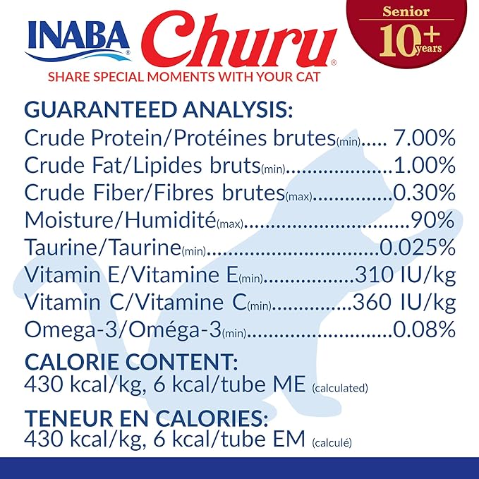 INABA Churu for Senior 10+, Creamy Lickable Cat Treats with Taurine, Vitamin E & C, 0.5 Ounces Each, 20 Tubes, Chicken Variety