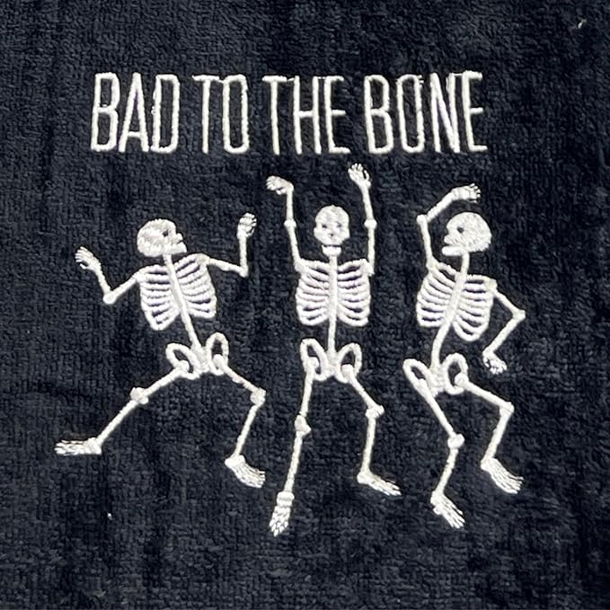 Halloween Bath Hand Towels 16”x25” Black Embroidered Cotton with Skeletons “Bad to The Bone” Set of 2 Fun Spooky Bathroom Decor for Fall Parties