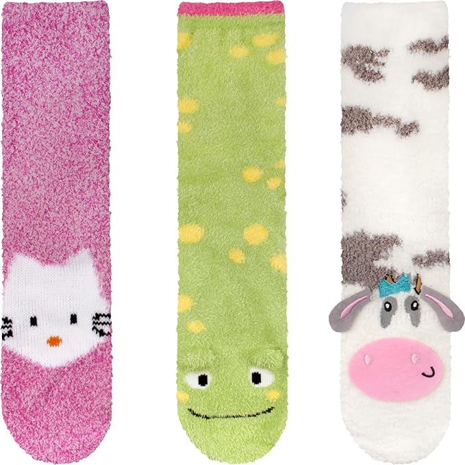 BambooMN Super Soft Warm Cute Animal Face Non-Slip Fuzzy Crew Winter Home Socks, Value Pack