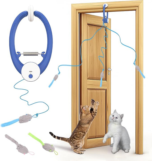 Cat Toys, Interactive Cat Feather Toys for Indoor Cats, Hanging Retractable Teaser Toy Kitten Play Chase Exercise, Automatic Kitten Mental Exercise Toys with Three Mices Plush Toy(Dark Blue)