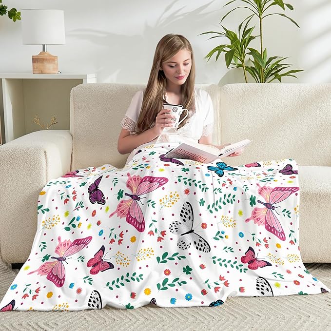Butterfly Kids Throw Blanket for Girls Teens Toddler White Soft Fuzzy Flannel Bed Blanket Plush Butterfly Birthday Gifts for Women Girls Kids Teens Adults, 60”x80”