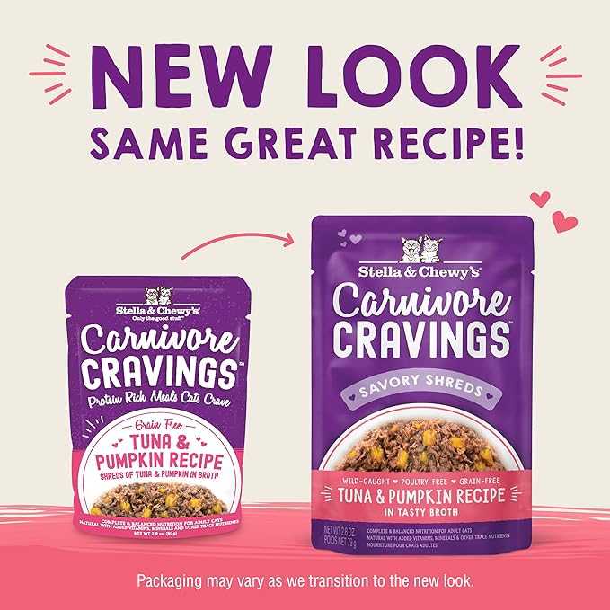 Stella & Chewy’s Carnivore Cravings Savory Shreds Wet Cat Food Pouches – Grain Free, Protein Rich Meal, Topper or Treat – Tuna & Pumpkin Recipe (2.8 Ounce Pouches, Case of 12)