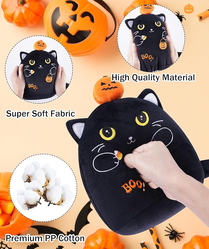 Christmas Eve Stuffed Cat Pumpkin Black Cat Plush Toy with Pumpkin, Cute Halloween Decor, Kids' Pillow, Gifts for Girls Boys, 10 Inch