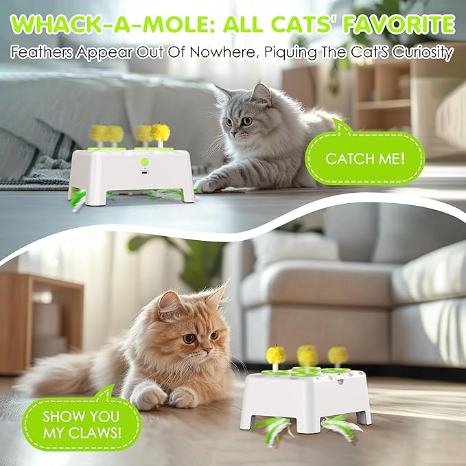 Cat Toys, 2 in1 Automatic Interactive Cat Toys for Indoor Cats, 4 Holes Mice Whack a Mole Cat Mouse Toy with Moving Feather, Rechargeable USB Power Kitten Feather Toys for All Breeds (Green)