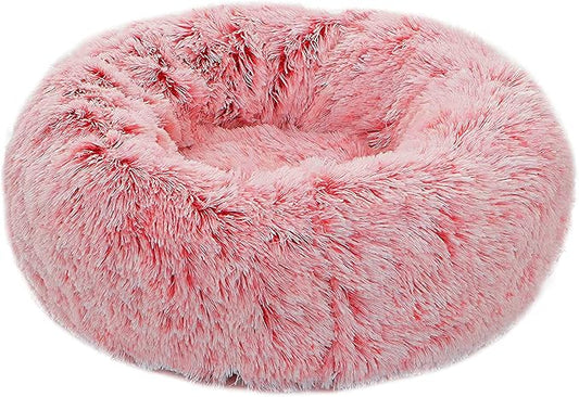 Calming Donut Dog Bed Medium, Plush Round Cuddler Dog & Cat Bed, Anit-Anxiety Marshmellow Fluffy Faux Fur Cushion(24", Pink)