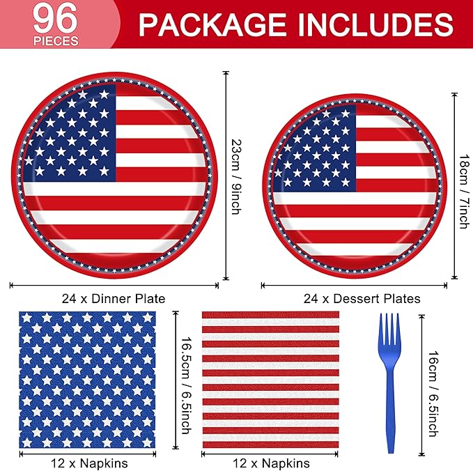 96 Pcs American Flag Patriotic Party Plates and Napkins, Forks Supplies - Disposable Tableware Paper Set for Veterans, Election, 4th of July, Independence Day Decorations, Serves 24 Guests