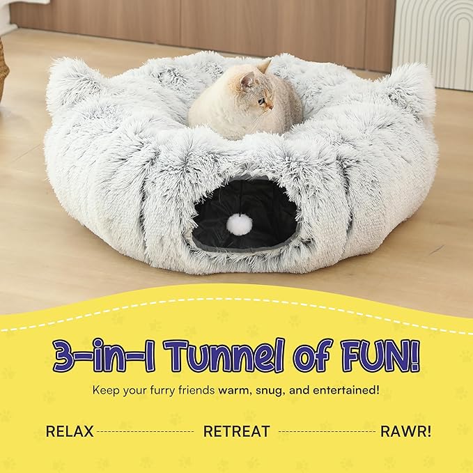 Cat Tunnel Bed with 2 Catnip Toys – Versatile Cat Tunnels for Indoor Cats, Large Cat Donut Tunnel, Cozy Cat Furniture, Peekaboo Cat Cave, Foldable Cat Tube, Cat Play Tunnel for Small Pets