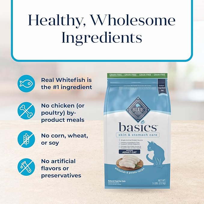 Blue Buffalo Basics Grain-Free Dry Cat Food, Skin & Stomach Care, Limited Ingredient Diet for Indoor Cats, Whitefish & Potato Recipe, 5-lb. Bag