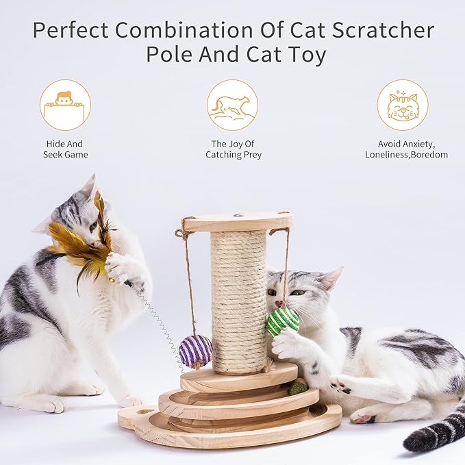 MEWOOFUN Cat Toy 2-Layer Turntable Cat Ball Toy with Feather,Kitten Toys Interactive Cat Toy with Eight Interactive Balls and Two Sisal Dangling Balls (Medium)
