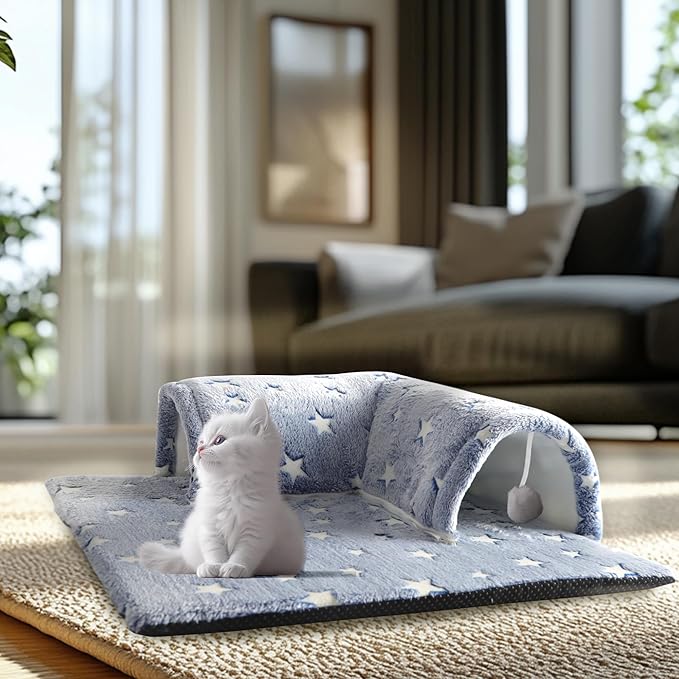Kitten Tunnel Bed Mat, Glow in The Dark Kitten Bed for Indoor Kittens, Perfect Kitten Gift Toy with 3D Memory Foam, Detachable & Machine Washable, Non-Slip Bottom, Blue S
