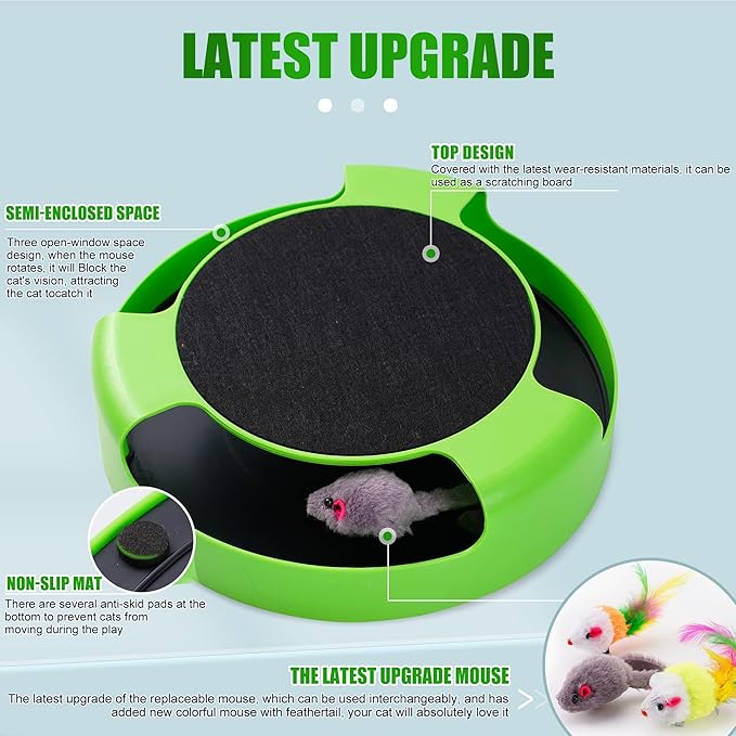 FYNIGO Replaceable Interactive Cat Toy Mouse for Indoor Cats and Kittens,Uncatchable Spinning Mice and Scratching Pad,Hunting Chasing and Exercising,Cat Scratcher Catnip Puzzle Toy,Green