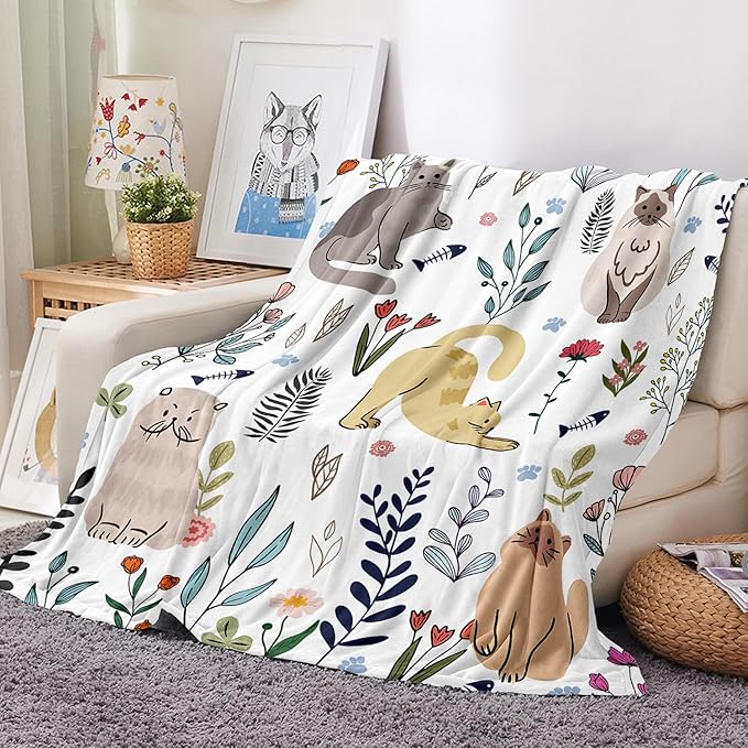 Cat Throw Blanket Floral Flower Throw Blankets Gift for Cat Lover Throw Blanket Cats Themed Flannel Cozy Fuzzy Plush Throw Blankets for Bed Chair Couch 60" X 80"
