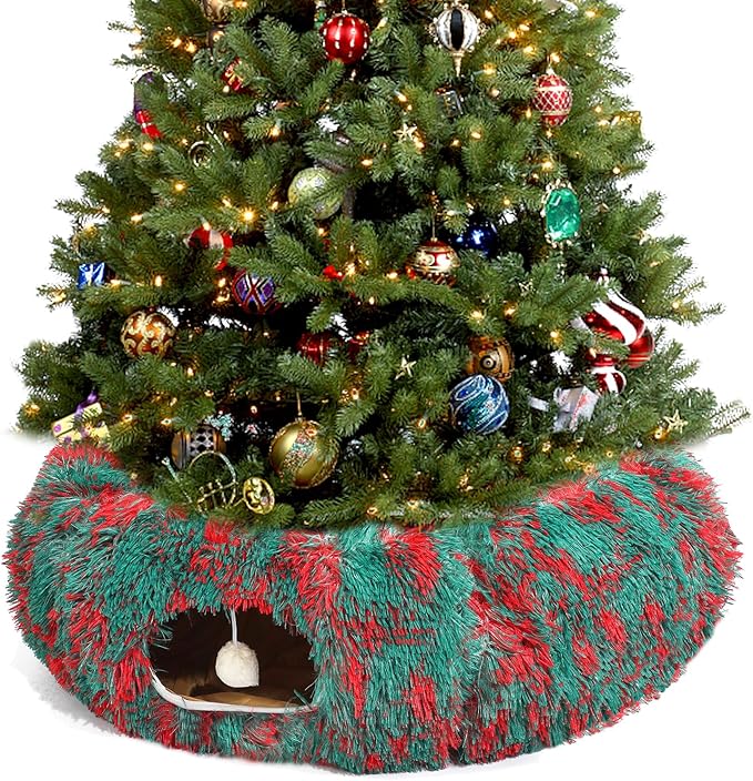 LUCKITTY Christmas Warm Fluffy Plush Cat Dog Tunnel Bed with Washable Cushion- Big Tube Playground Toys 3 FT Diameter Collapsible, for Indoor Cat Kitty Kitten Puppy Rabbit Ferret, Green Red