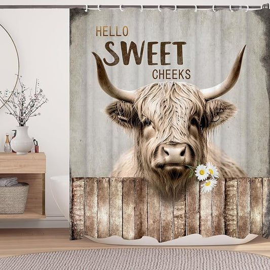 Highland Cattle Cow Bull Shower Curtains,Farmhouse Animal Rustic Country Shower Curtain for Bathroom,Western West Fabric Shower Curtain Set with Hooks Bath Decoration 48X72inches