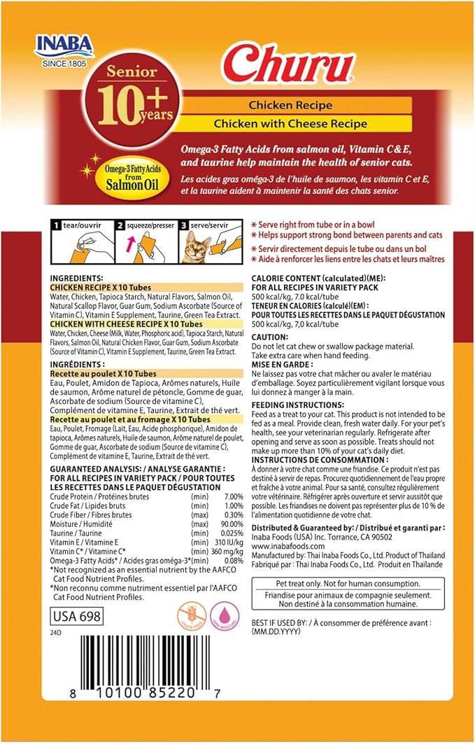 INABA Churu for Senior 10+, Creamy Lickable Cat Treats with Taurine, Vitamin E & C, 0.5 Ounces Each, 20 Tubes, Chicken Variety