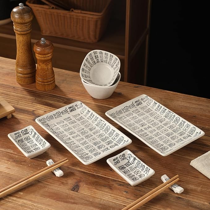 8 pcs Japanese Sushi Plate Sets Serving Platters and Trays for Entertaining Sushi Dishes Set Plates Sushi Plates Traditional Cuisine Dinnerware Sets with Chopsticks Hundred Blessings