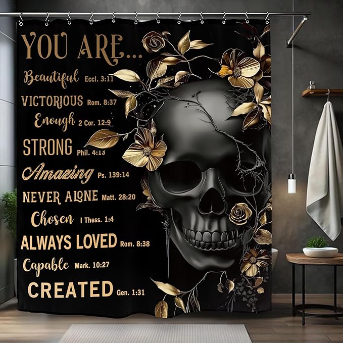 Black Gold Skull Shower Curtain 60Wx72L Inch Quotes Inspirational Motivational Positive Leaves Plant Cool Bathroom Set Accessories Decor with 12 Pack Hooks