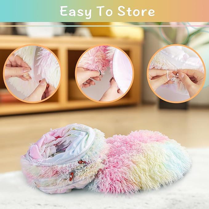 Cat Tunnel Bed for Indoor Winter, Warm Fluffy Plush Rainbow Cats Donut Tunnel with Central Mat, Multifunctional Pet Playground Toys Hide Place for Indoor Kitten Puppy Rabbit Ferret