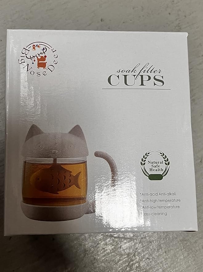 BigNoseDeer Cat Tea Cup Cute Mug Glass Pot with Fish Infuser for Loose Leaf Tea (White 8oz)