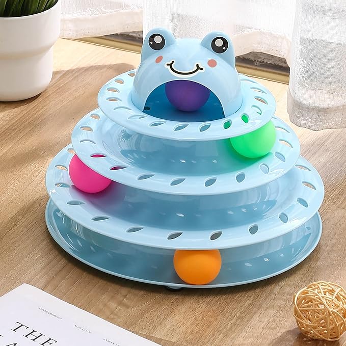 Suhaco Interactive Cat Toys for Indoor Cats Fun Roller 4 Level Cat Tower with Cute Stickers Turntable Kittens Ball Teaser Toy (Blue)
