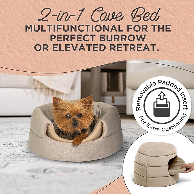 Best Friends by Sheri 2 in 1 Honeycomb Convertible Cat and Dog Cave Bed, Ilan Microfiber, Wheat, Standard