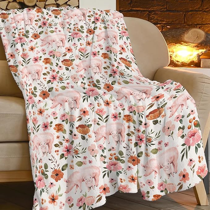 Pig Blanket Farmhouse Cute Pig Floral Throw Blanket Super Warm Soft Plush Lightweight Fleece Flannel Pig Decor Blanket Gifts for Pig Lovers Women Men Girls Boys for Couch Sofa Bedding 60"X80"