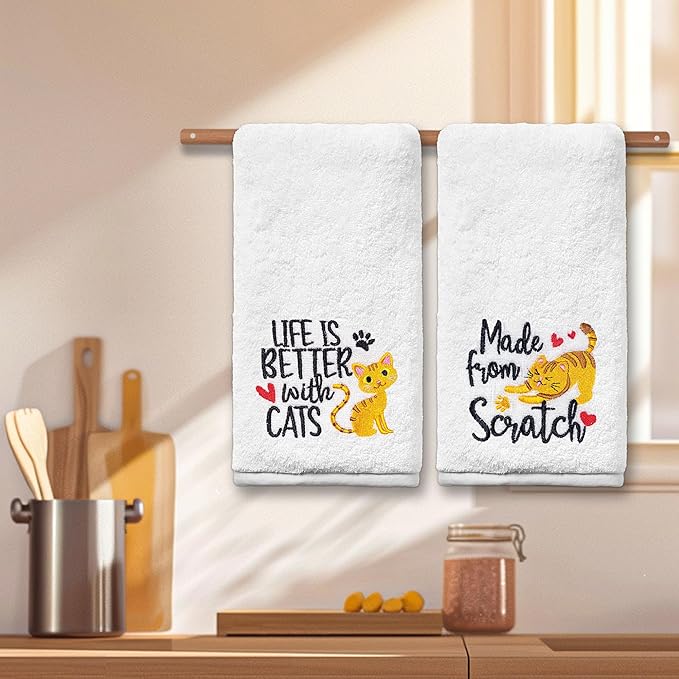 Cat Hand Towels for Bathroom - Set of 2, Embroidered Cat Lover Gifts, Soft Cotton 14x30 Inches