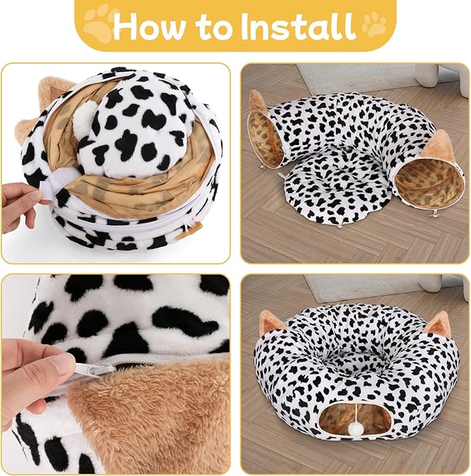 Cat Tunnel Bed for Indoor Cats - Extra Large Round Cat Tube Donut Circle Tunnels with Plush Ball Toy Circular Collapsible Fluffy Cave Cover for Kittens Kitty and Dog