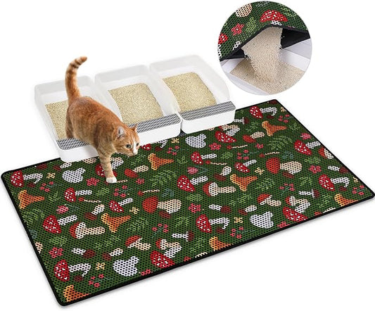 Bienbee Cat Litter Mat, 46"x27" Jumbo Litter Mat Double Layer Litter Trapping Mat,Reduces Tracking and Keeps Floors Clean, Jungle Mushroom XL