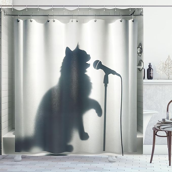 Ambesonne Cat Shower Curtain, Shadow of a Singing Kitty Funny Bath Time Musician Animal Humorous Joke, Cloth Fabric Bathroom Decor Set with Hooks, 69" W x 70" L, Dark Blue Grey Off White