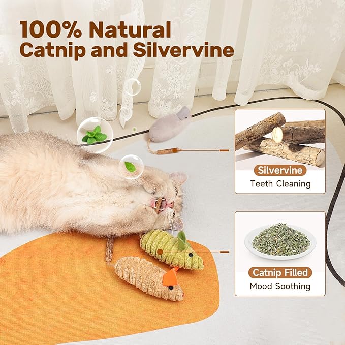 Potaroma Cat Toys 3Pcs Squeak Mice, Interactive Catnip Silvervine Animals Toys for Indoor Kittens, Dental Matatabi Cat Nip Chirping Toy, Cat Chew Exercise Toy for All Breeds and Species