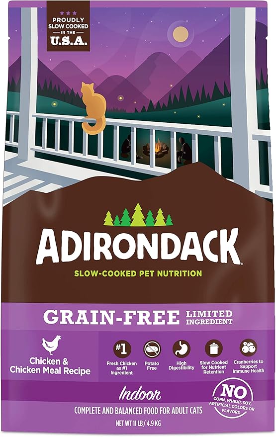 Adirondack Cat Food Made in USA [Limited Ingredient Grain Free Cat Food], Indoor Cat Food Dry, Chicken and Chicken Meal Recipe, 11 lb. Bag