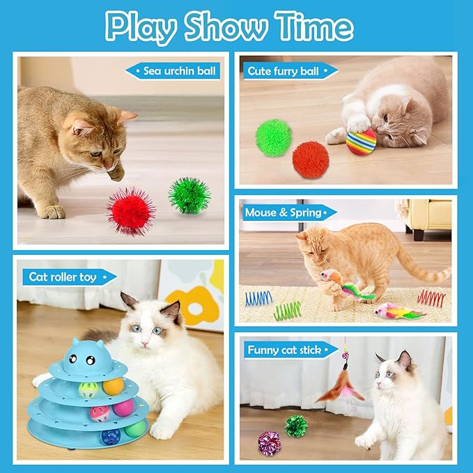 UPSKY 20 PCS Cat Toys, Cat Roller Toy 3-Level Turntable Cat Toys Balls for Indoor Cats, Kitten Toys Set with Cat Teaser Toys, Mice Toys, Spring Toys, and Various Ball Toys