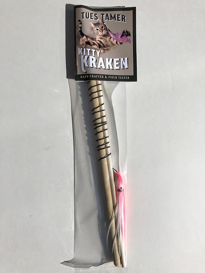 Pink Pulpo. Pink and White Natural Birch Wood Rod Teaser and Exerciser for Cats and Kitten Interactive Soft Feather Toy Handcrafted in The USA