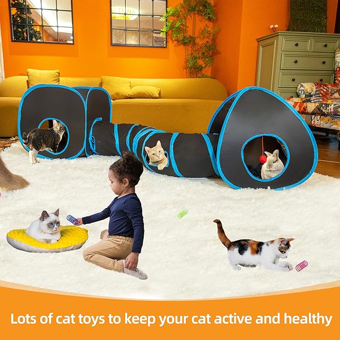 Cat Tunnels for Indoor Cats with Cube Tent Toys Combo, Pop Up Collapsible Crinkle Interactive Peek Hole, Cat Tube with Play Ball,Bell and Cat Spring Toys for Kitten, Puppy, Kitty, Rabbit - Set of 3