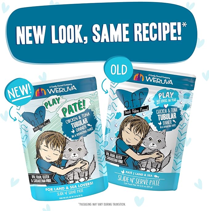 Weruva B.F.F. Play - Best Feline Friend Paté Lovers, Aw Yeah!, Chicken & Tuna Tubular with Chicken & Tuna, 3oz Pouch (Pack of 12)