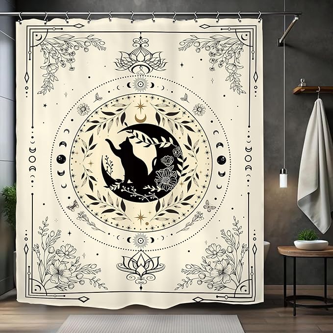 Black Cat Shower Curtain 60Wx72L Inch Gothic Moon Phase Flower Witchy Stars Mystic Celestial Beige Tarot Bathroom Set Accessories Decor with 12 Pack Hooks