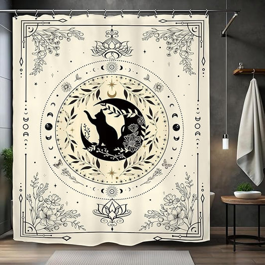 Black Cat Shower Curtain 60Wx72L Inch Gothic Moon Phase Flower Witchy Stars Mystic Celestial Beige Tarot Bathroom Set Accessories Decor with 12 Pack Hooks