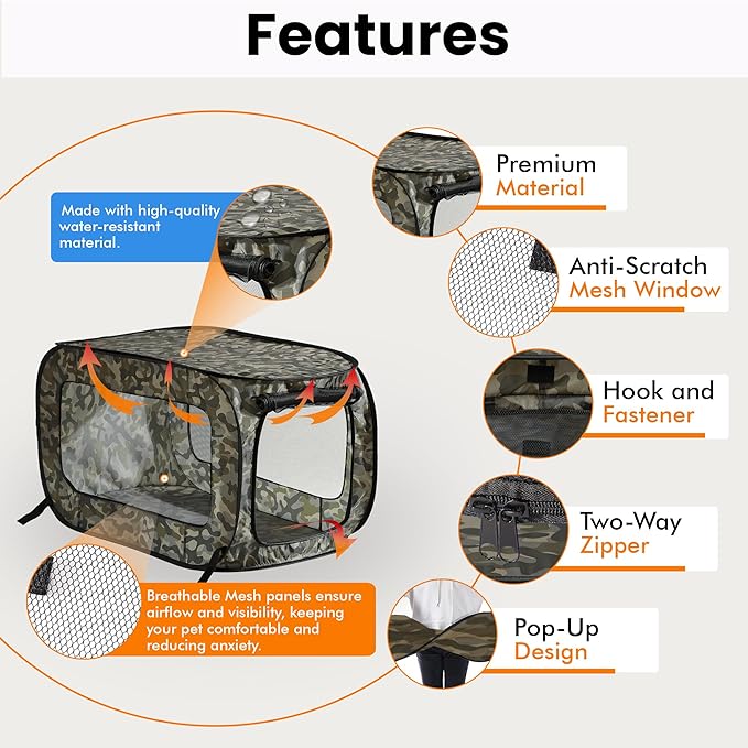 Beatrice Home Fashions Portable, Collapsible, Pop Up Kennel Travel Cat and Dog Crate, 40" L x 27" W x 27" H, Camo Green