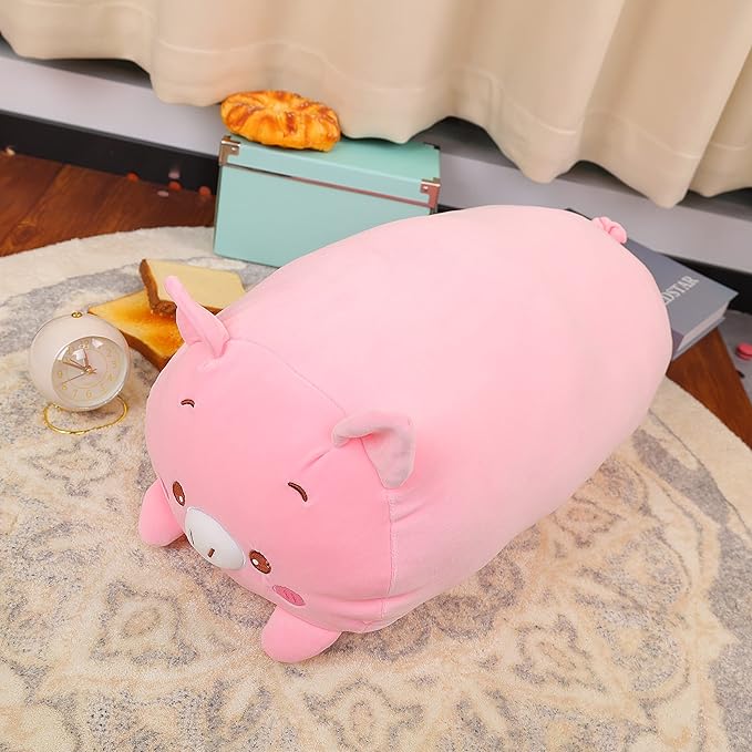 TemBe 23.6 inch Cute Large Pig Plush Stuffed Animal Pillow, Very Soft Squish Mellow Hugging Toy Gifts for Bedding, Kids Sleeping Cute Pillow (Pink Pig)