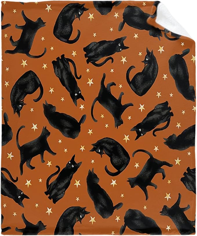 Cute Black Cats Blanket Gifts for Cat Lovers Girl, Halloween Throw Stars Plush Moon Blankets for Women Lightweight Flannel Fleece Christmas Bedding for Bed Couch Chair Gift for Adults 80x60In Twin
