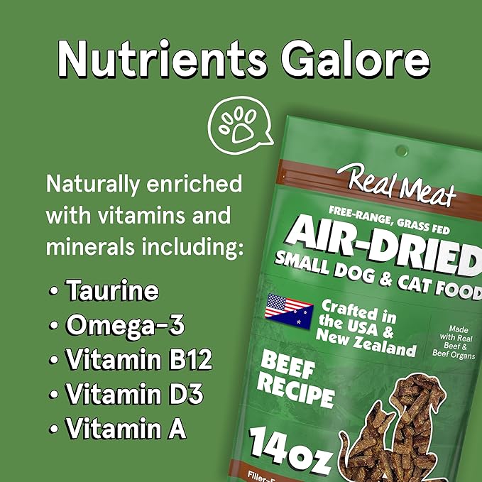 Real Meat Air Dried Cat Food & Dog Food w/Real Beef - 14oz of USA-Crafted Grain-Free Dry Dog & Cat Food Sourced from Hormone-Free, Free-Range, Grass-Fed Beef - All Natural, High Protein Pet Food