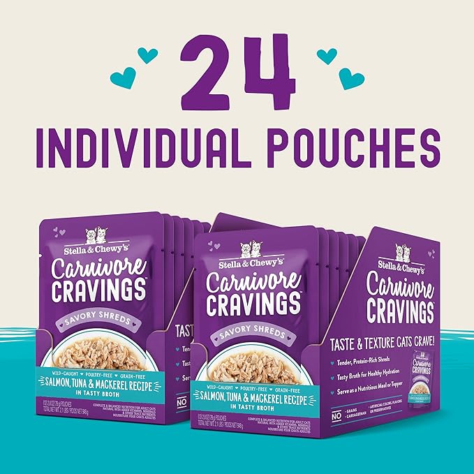 Stella & Chewy's Carnivore Cravings Wet Cat Food Pouches – Grain Free, Protein Rich Meal, Topper or Treat – Salmon, Tuna & Mackerel Recipe (2.8 Ounce Pouches, Case of 24)