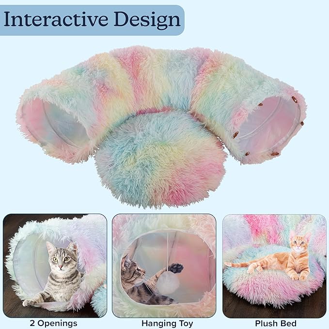 Cat Tunnel with Cat Bed for Indoor Cats - 3FT Multifunctional Cat Tunnel Bed with Cat Toys - Soft, Plush Peekaboo Cat Cave for Kittens, Cats, Ferrets, and Rabbits - Cat Products by PETMAKER (Multi)